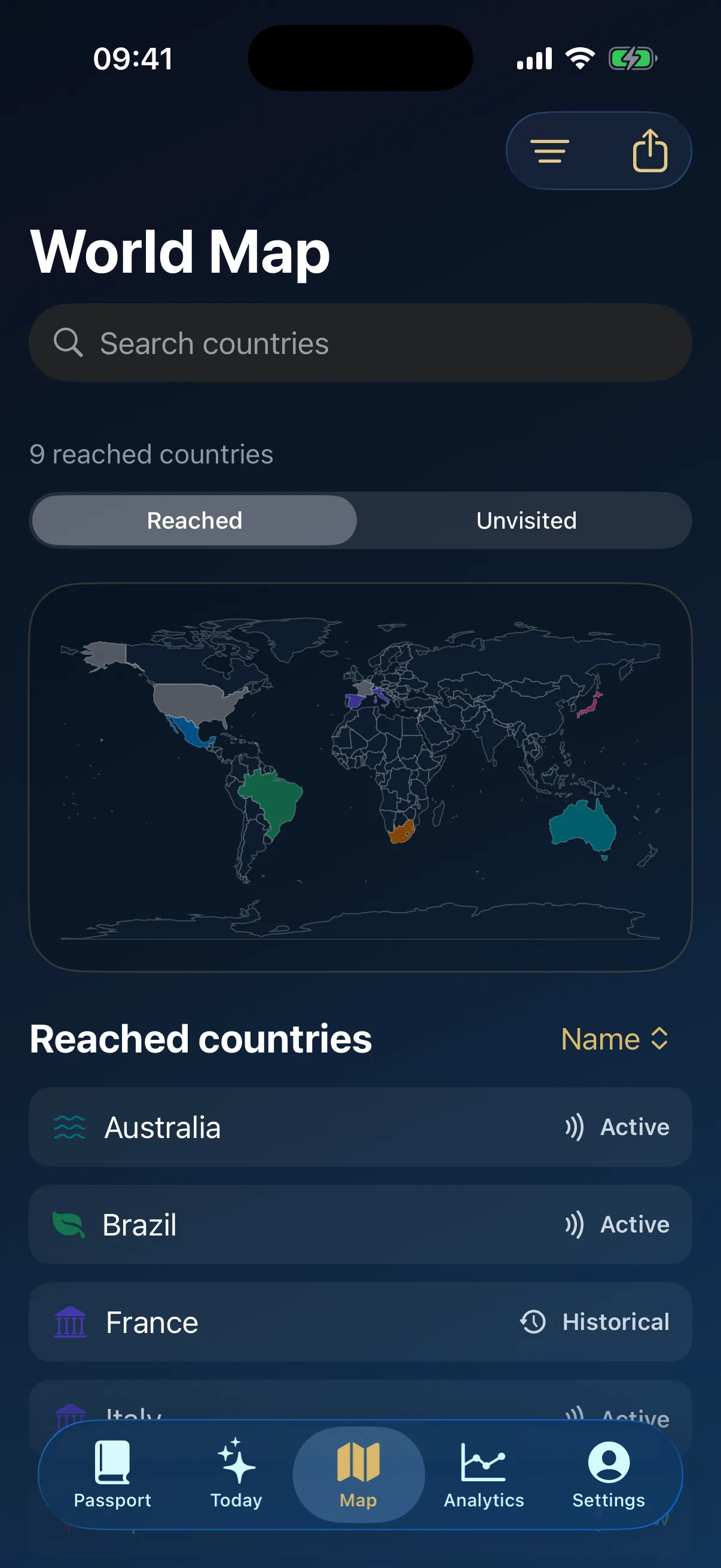 Interactive RevenueCat subscriber world map in Reachly with reached-country markers
